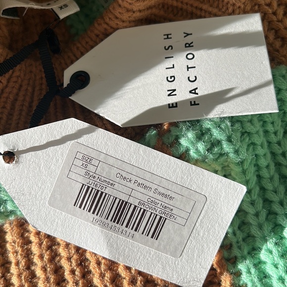NWT English Factory Mint Green Tan Check Plaid Puff Sleeve Crop Sweater - XS - Picture 15 of 16